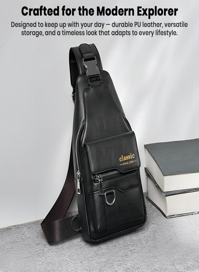 TECPHILE Classic 2008 PU Leather Sling Bag, Adjustable & Detachable Straps, 4 Storage Sections, Front Access Pocket, Key Chain Holder, Durable & Stylish, Unisex (Black) - Image 2